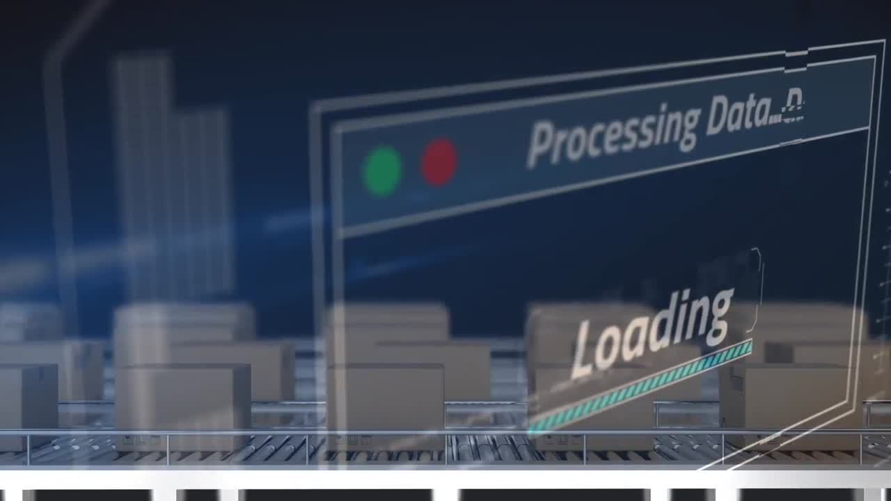 컨베이어 벨트에 있는 카드보드 상자 위의 데이터 처리 애니메이션