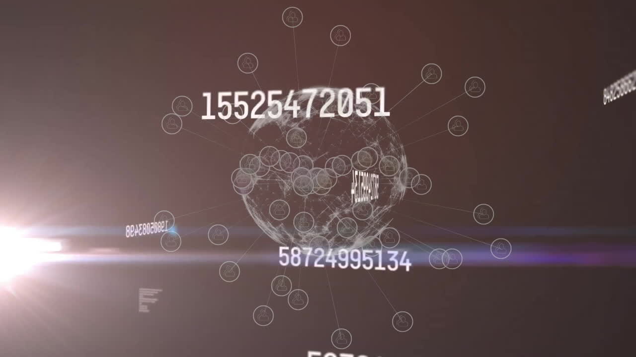Animation of data processing and globe with connections over light trails on black background