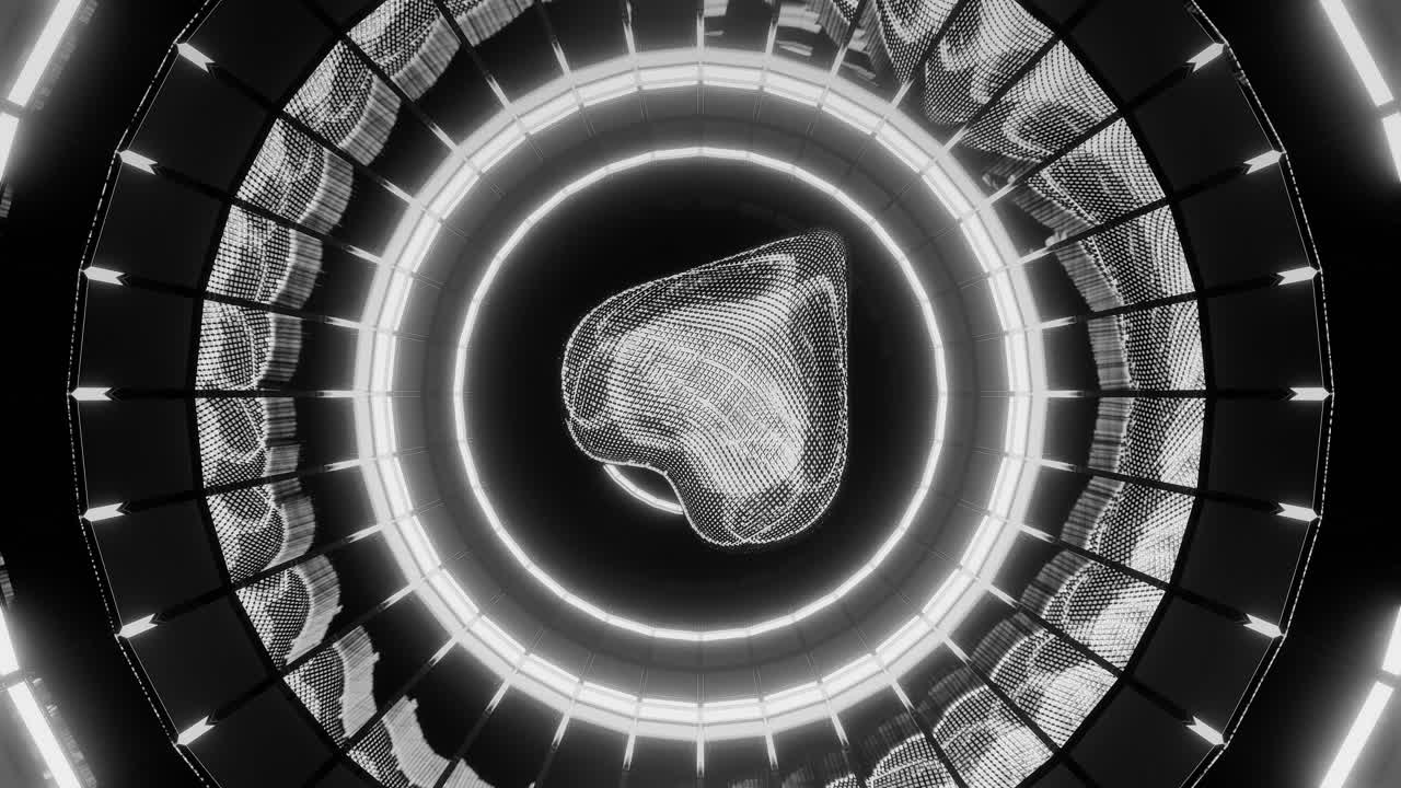 corazón blanco girando en círculos que se abren en forma de iris, monocromo, animación gráfica 3d renderizada