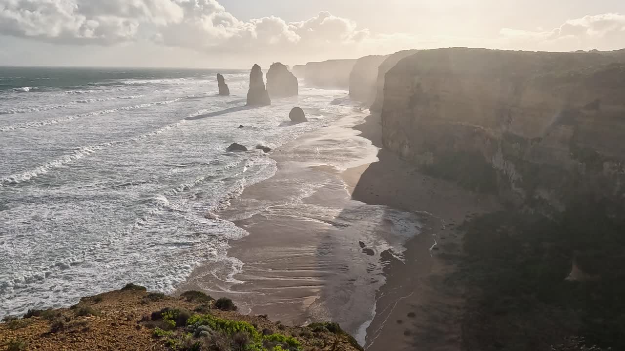 Sunset view of ocean and limestone formations