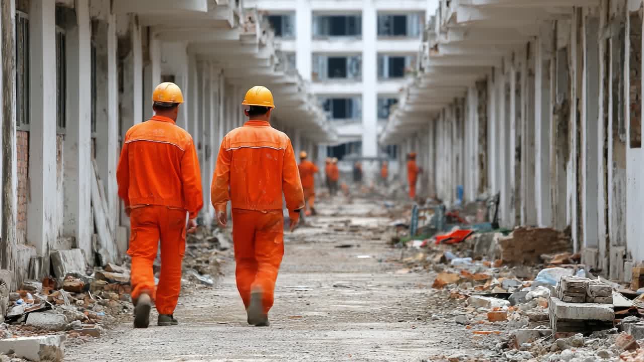 Construction Workers in Safety Gear Navigate through a Renovation Site, Highlighting the Importance of Teamwork and Safety in Urban Development Projects