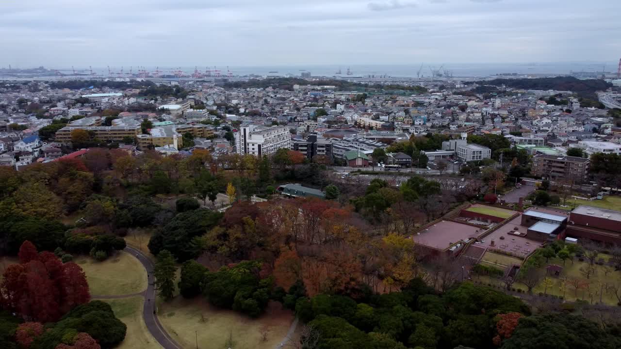 un paisaje urbano vibrante con follaje de otoño y edificios urbanos, vista aérea