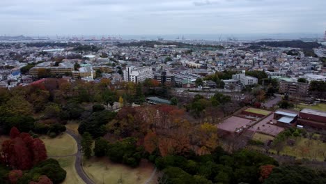 A-vibrant-cityscape-with-autumn-foliage-and-urban-buildings,-aerial-view