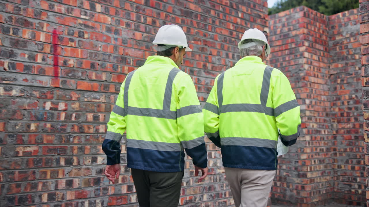 Construction workers inspect a brick building under construction