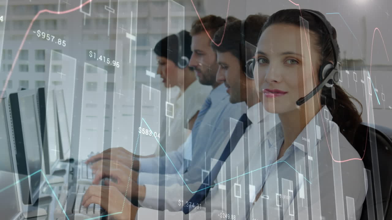 animación de estadísticas y procesamiento de datos sobre personas de negocios que usan auriculares telefónicos