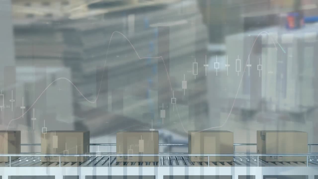 Animazione di elaborazione dati su scatole su nastri trasportatori in magazzino
