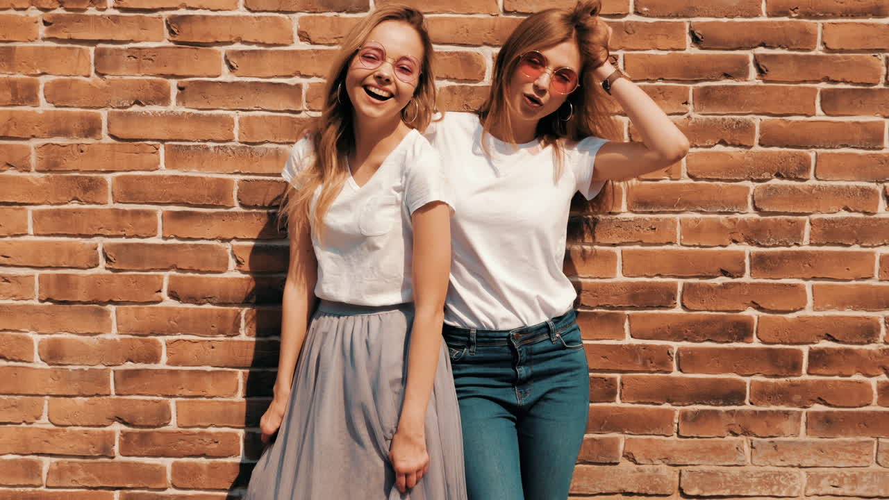 dos chicas felices posando frente a una pared de ladrillo