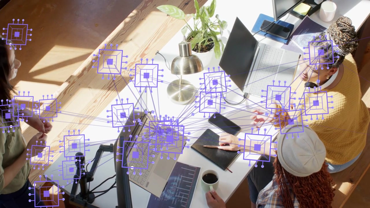 Phone ringing, standing woman leaning in while team reviewing notes with purple network overlay