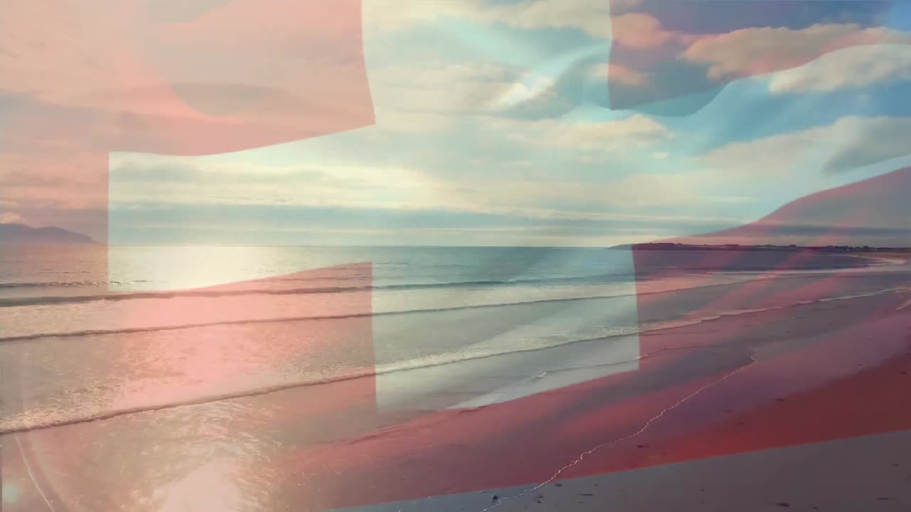 animación de la bandera de suiza ondeando sobre el paisaje de la playa