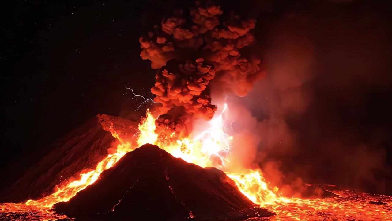 Spectacular Eruption of a Volcano: Witness the Raw Power of Nature as Molten Lava Ejects Forcefully, Creating a Breathtaking Display of Fiery Explosions and Smoke