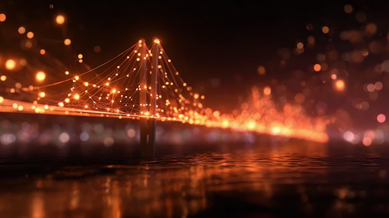 Vista notturna spettacolare di un ponte illuminato con luci calde che si riflettono sull'acqua, creando un'atmosfera da sogno in un paesaggio urbano sotto un cielo stellato