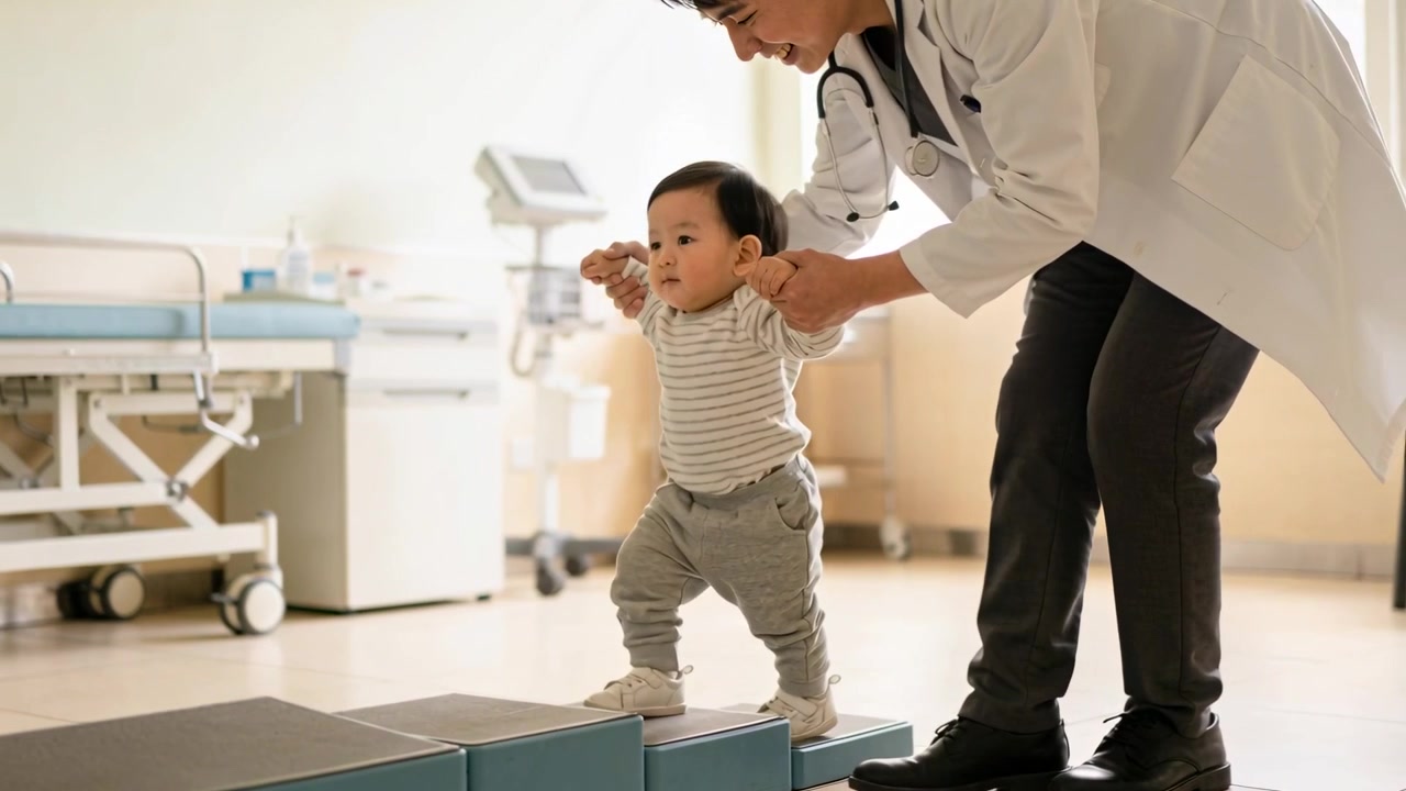 Bending doctor in lab coat holding toddler guiding steps in clinic on foam mats for balance