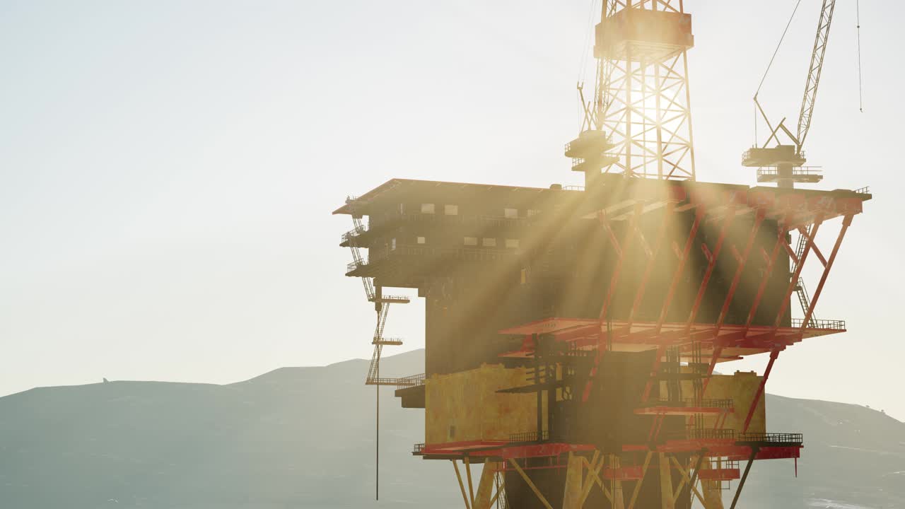 En offshore olieplatform i solnedgangens lys