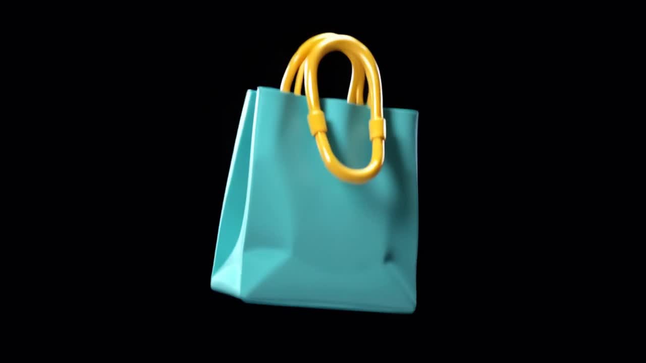 Bolsa de compras turquesa animada en 3D girando sobre fondo negro
