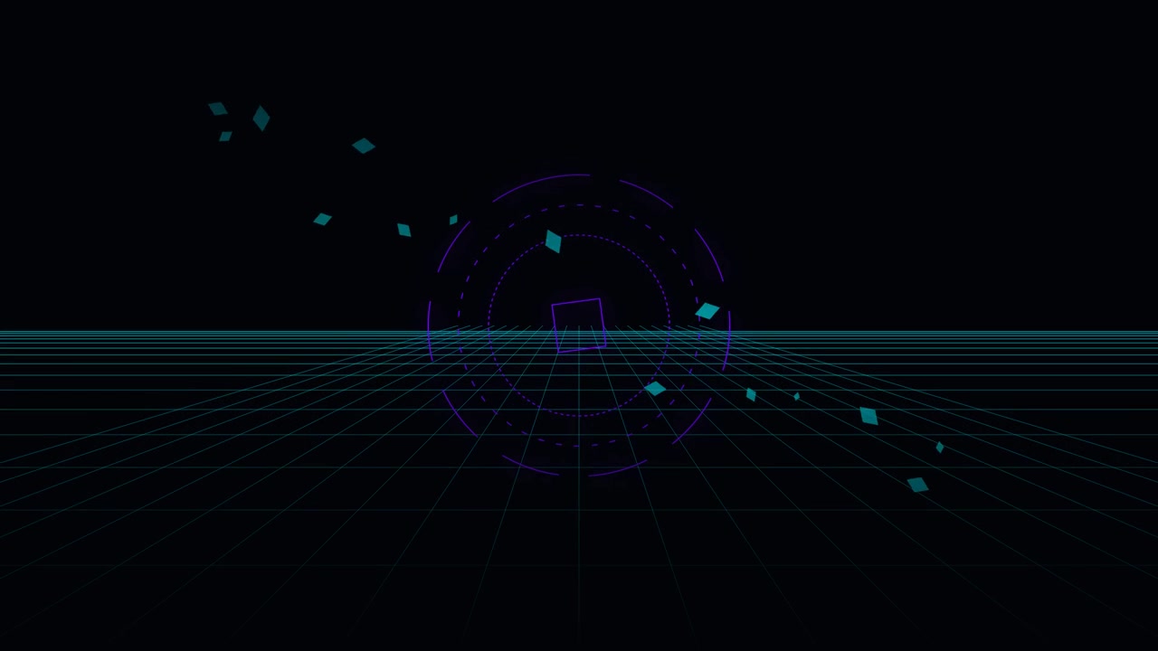 Abstract Retro Synthwave Grid with Floating Geometric Particles