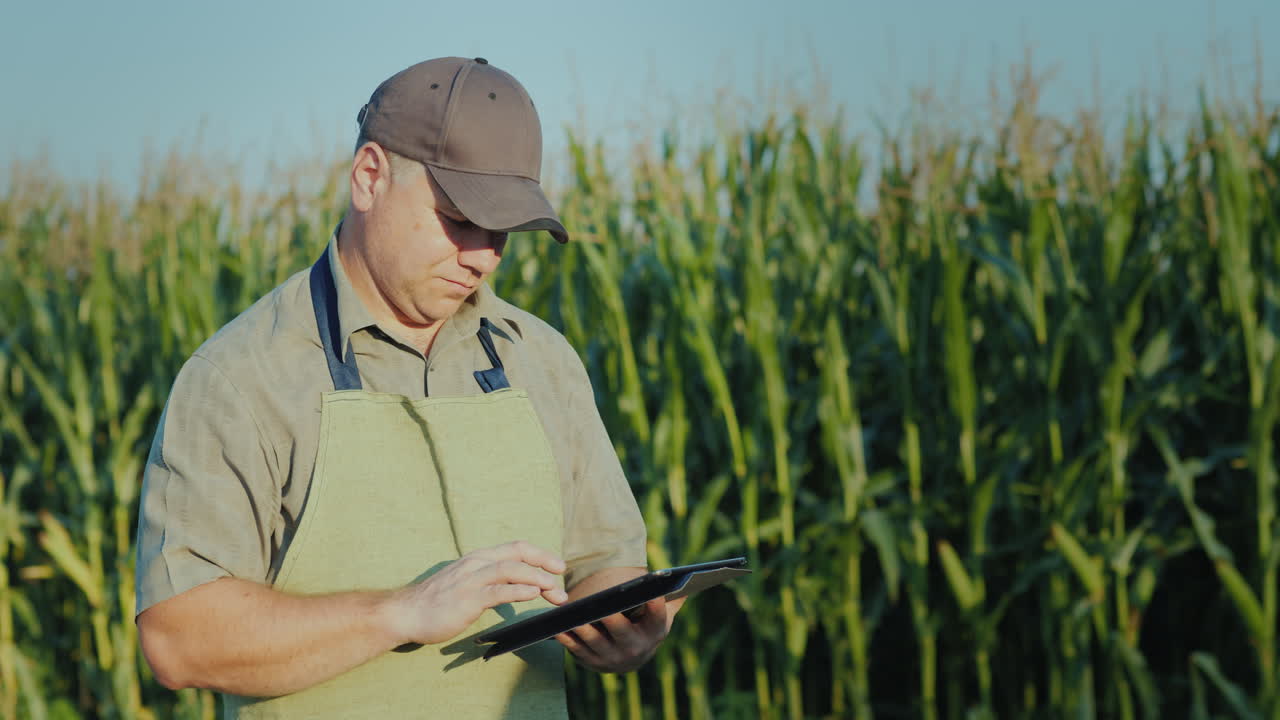 un granjero de mediana edad que trabaja en un campo con una tableta en un contexto de brotes altos de maíz