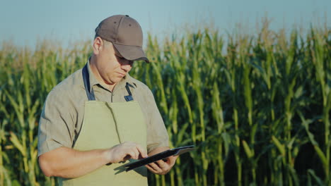 Un-Agricultor-De-Mediana-Edad-Trabajando-En-Un-Campo-Con-Una-Tableta-En-Un-Contexto-De-Altos-Brotes-De-Maíz