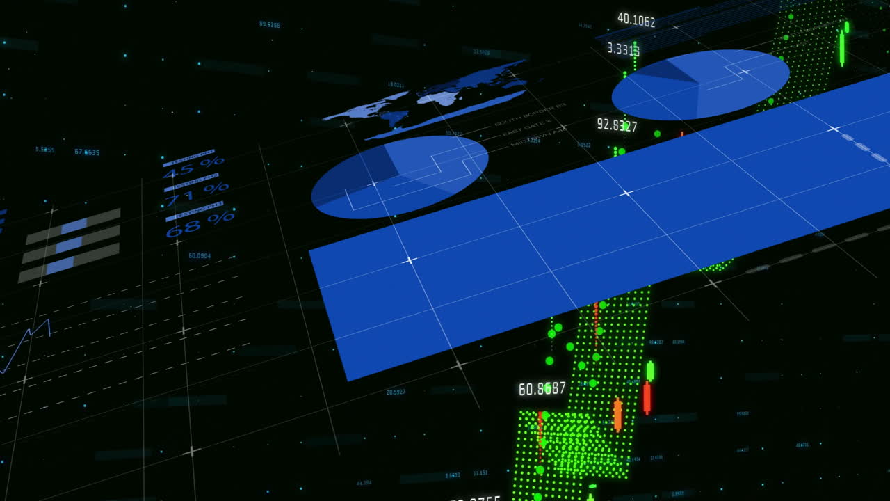 Visualizing digital financial data with graphs and charts over world map animation