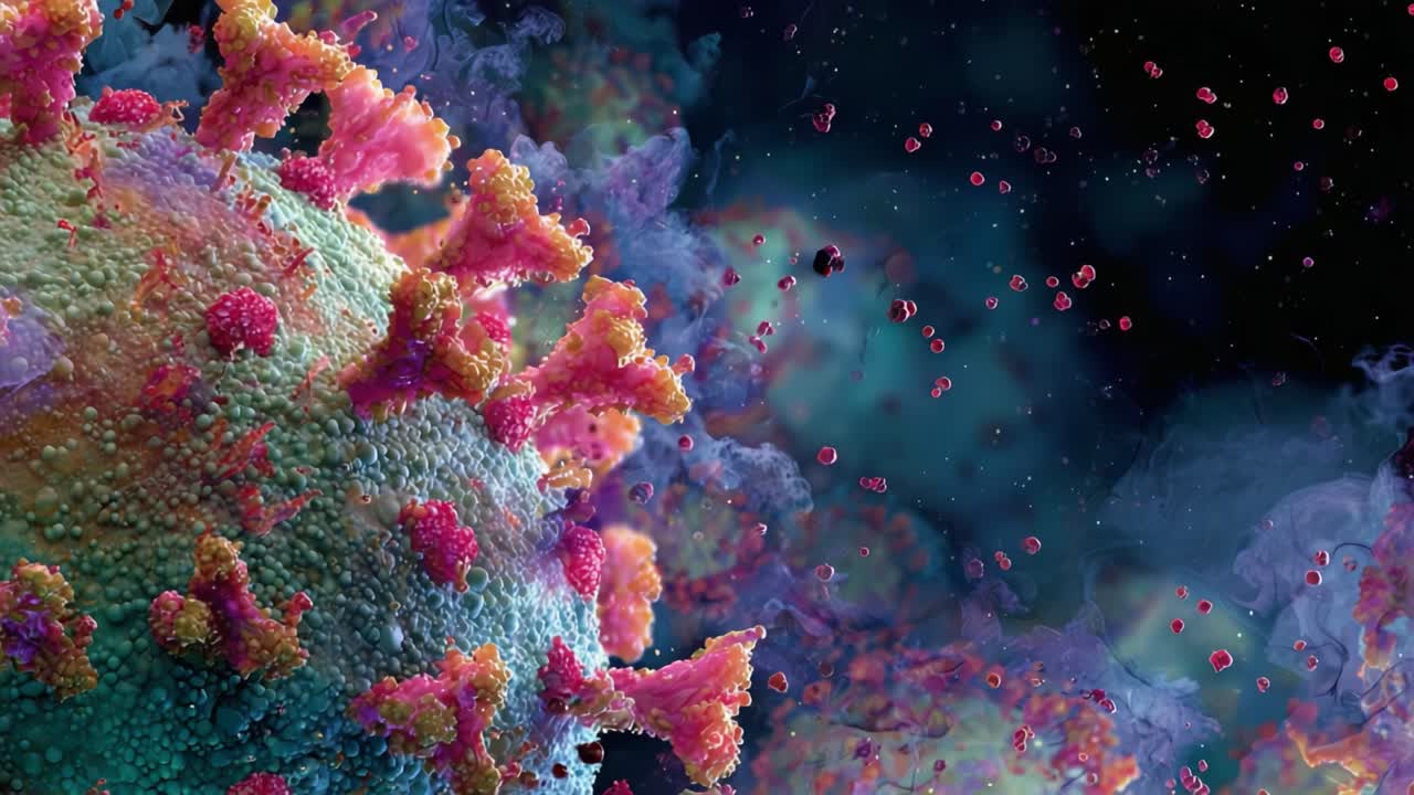 Visualisation détaillée d’une particule de coronavirus avec des caractéristiques structurelles et des éléments viraux uniques, capturée en haute résolution sur un arrière-plan abstrait éclatant.