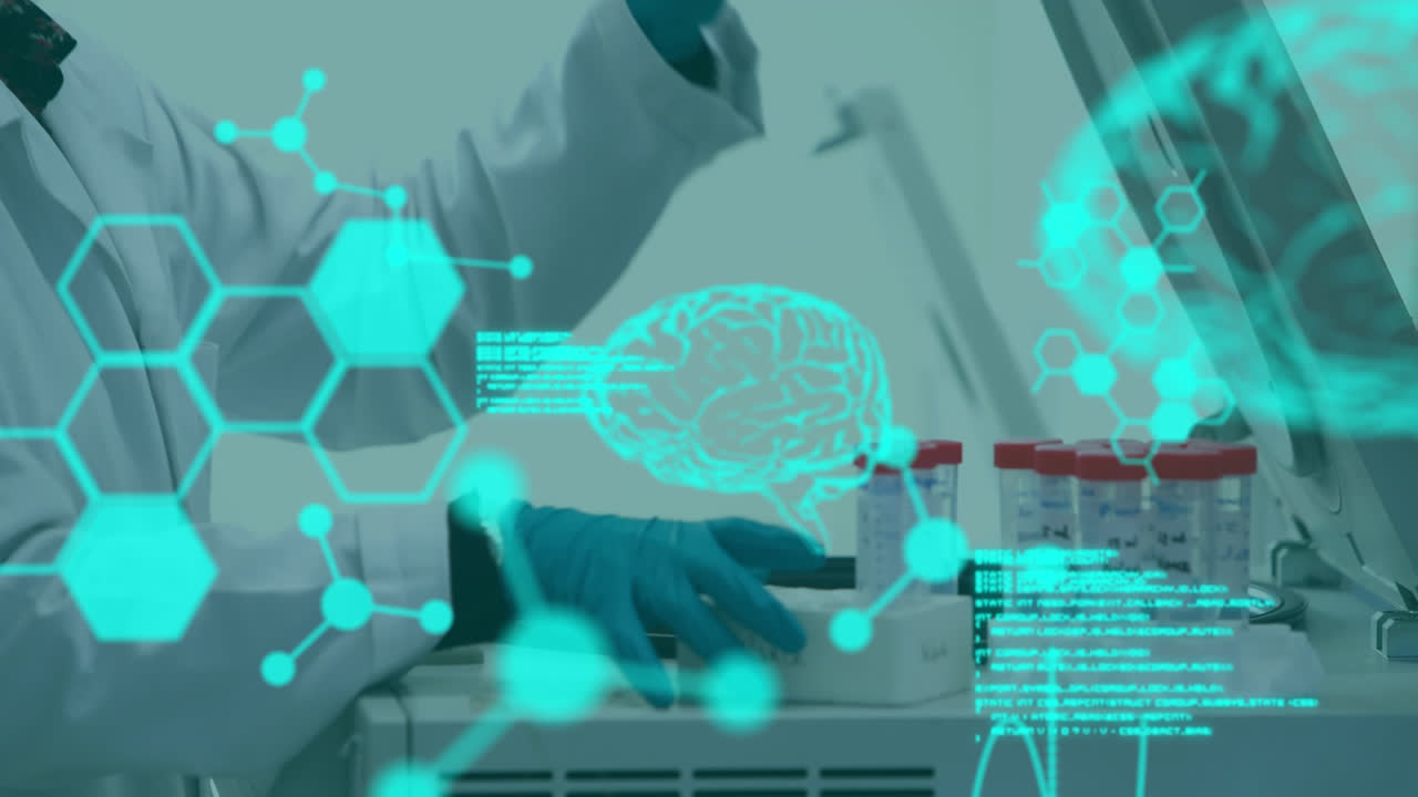 animación de procesamiento de datos médicos sobre una científica que pone tubos de ensayo en una máquina centrífuga
