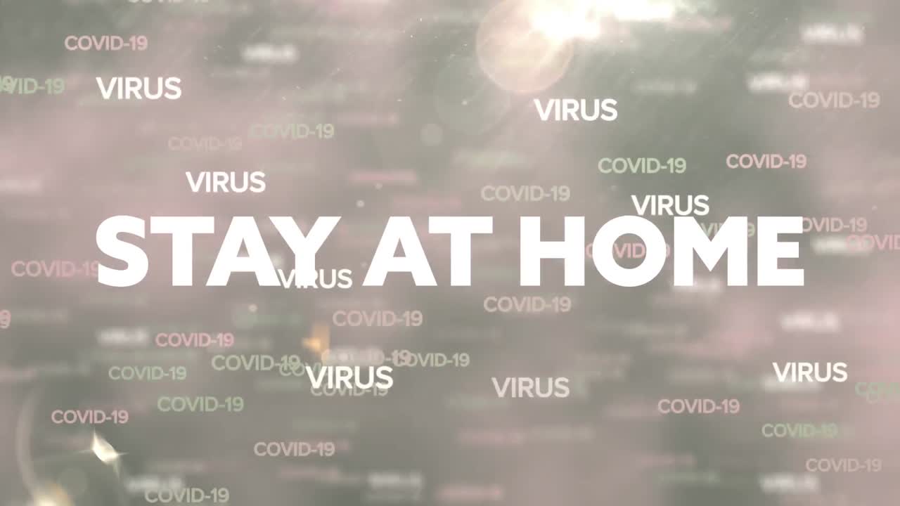 코로나19 바이러스가 떠다니는 단어 위에 사회적 거리두기 메시지의 애니메이션 플래시인