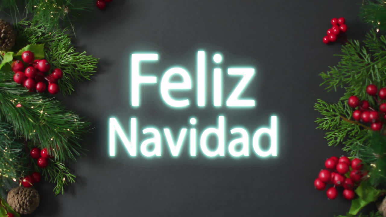 Animation of feliz navidad text over christmas wreath