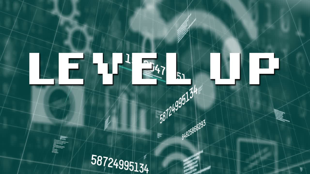 데이터 처리와 녹색 배경에 다수의 디지털 아이콘에 대한 텍스트 수준을 높입니다.