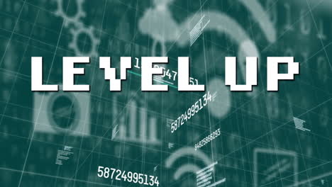 nivelar el texto contra el procesamiento de datos y múltiples iconos digitales en fondo verde