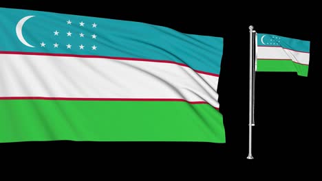 green screen uzbekistan two flags waving in the wind uzbekistani flagpole animation 4k 3d chroma key