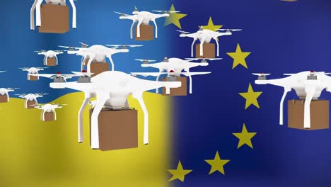 Animation-of-drones-flying-over-flags-of-ukraine-and-eu