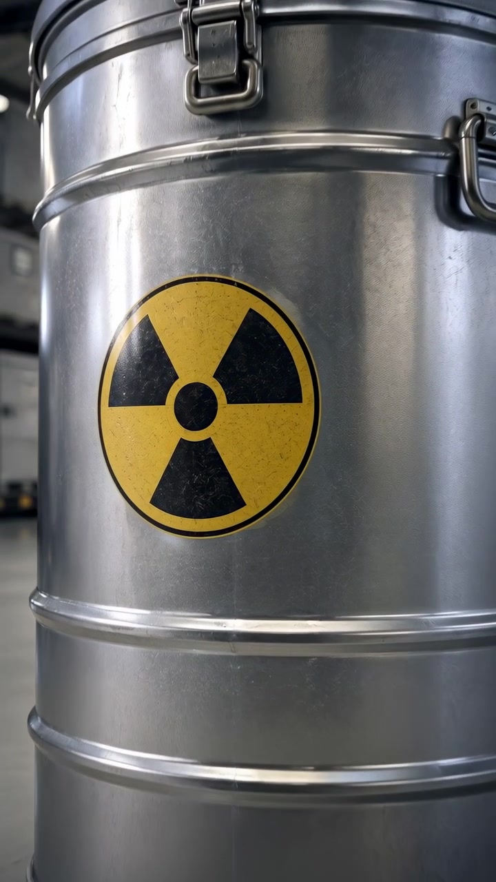 Camera advances toward yellow and black radiation hazard emblem on cylindrical metal container, shifting from full drum view to tight close-up while warehouse shelving softens behind.