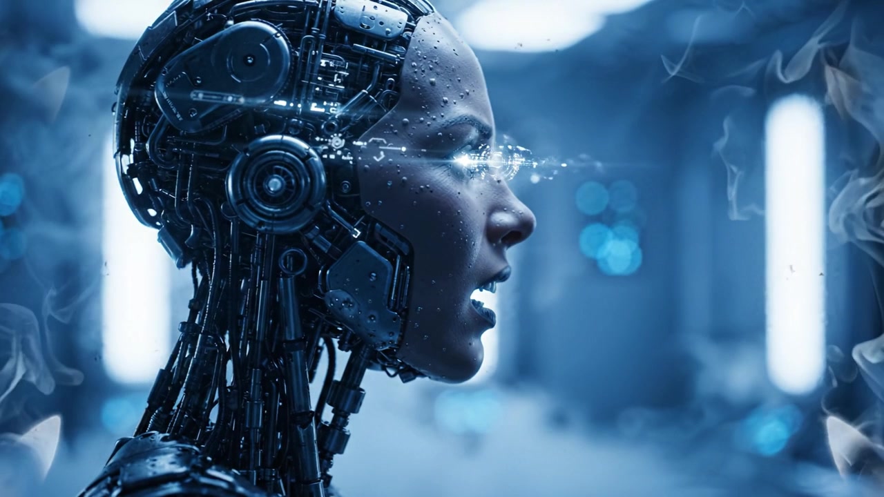 Un primo piano ipnotizzante di un robot futuristico con intricate caratteristiche meccaniche e un occhio luminoso, ambientato in un ambiente misterioso pieno di nebbia e illuminazione blu.