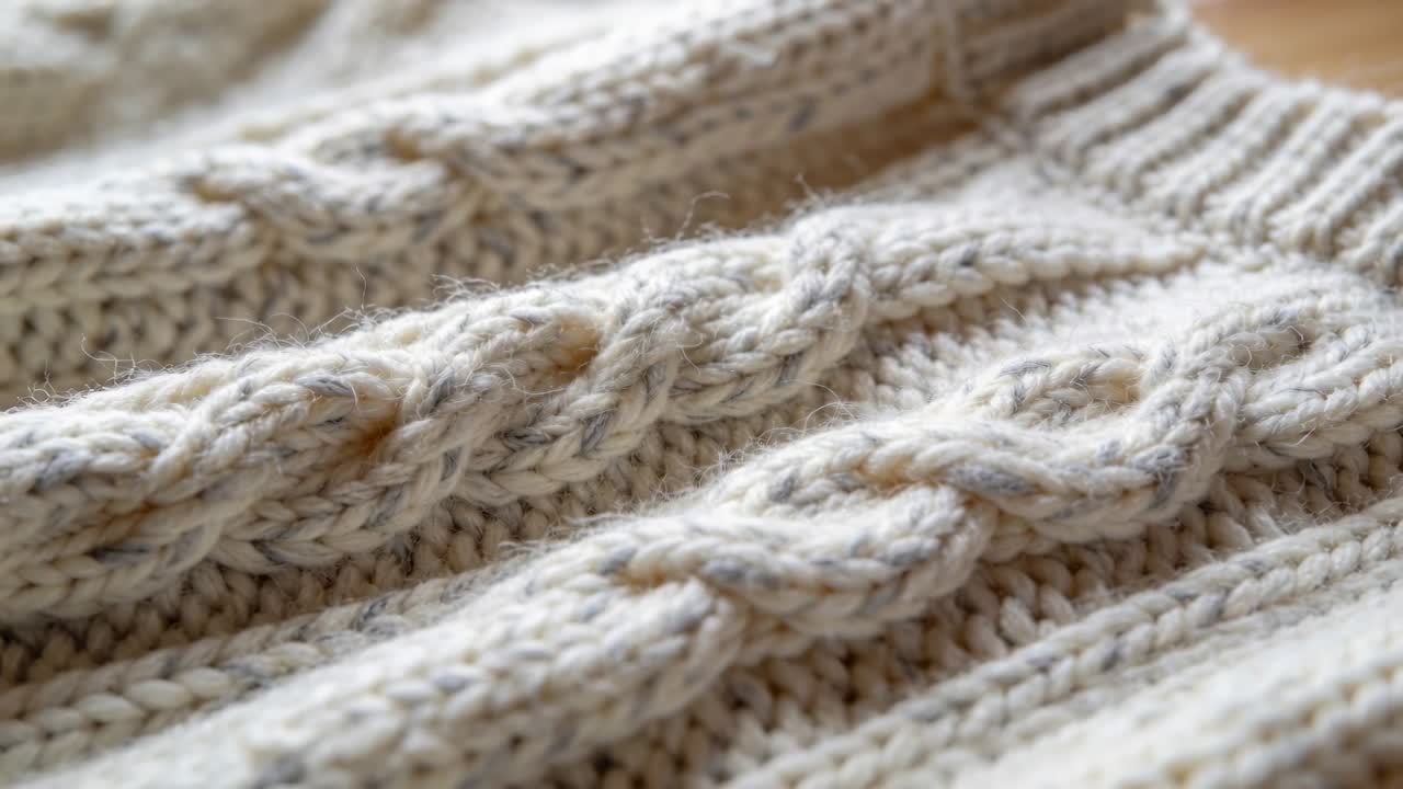 Die Kamera zoomt heraus und zeigt einen cremefarbenen Strickpullover auf einem Holztisch, mit Zopfmuster, geripptem Bündchen und Licht.