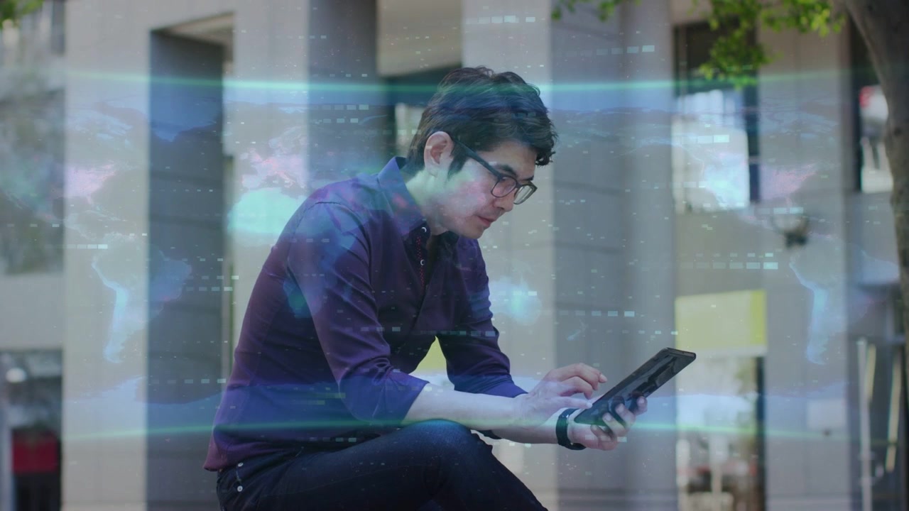 Office worker tapping tablet on bench in plaza, activating blue overlay and checking business data