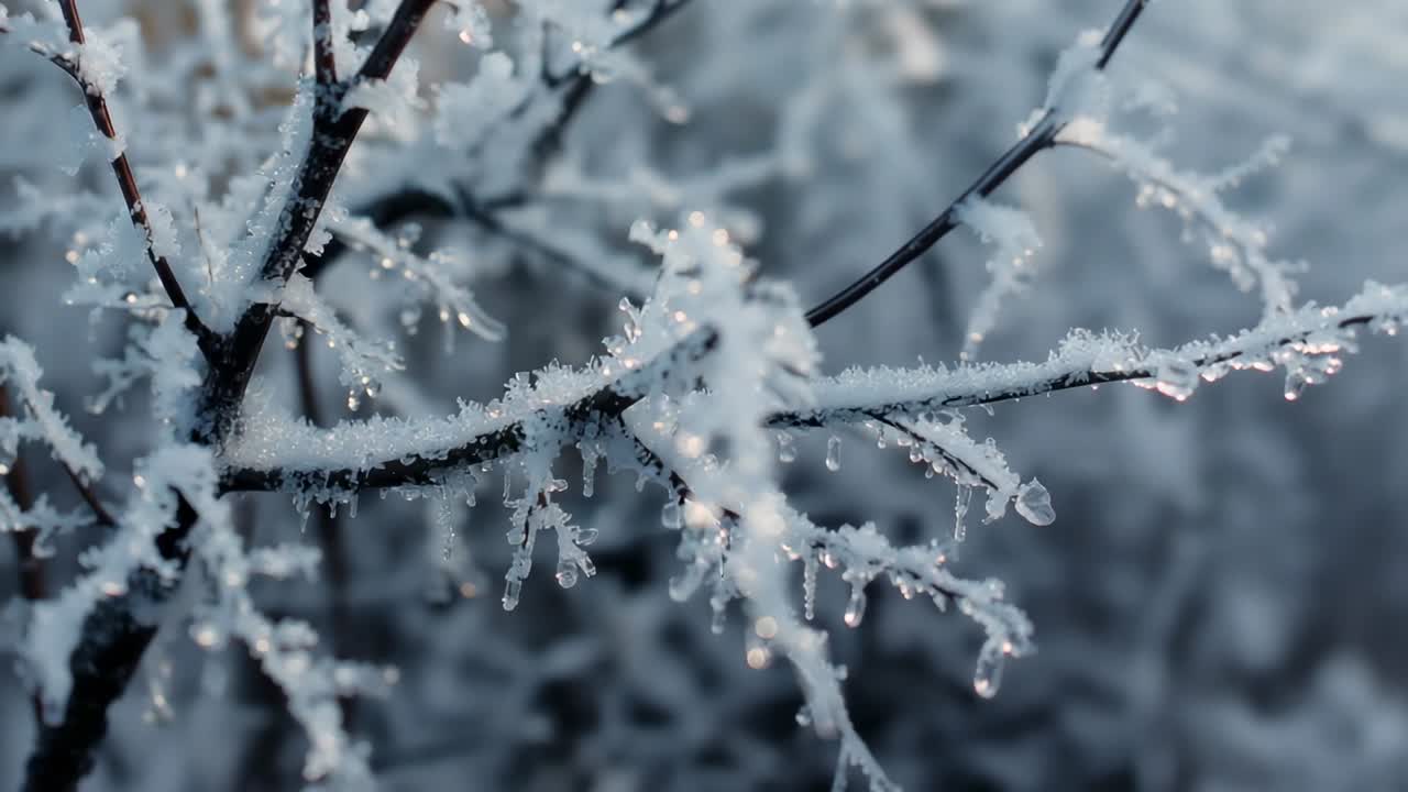 Sunlight shifting causing frost on branch sparkling, melting drips camera panning winter thicket