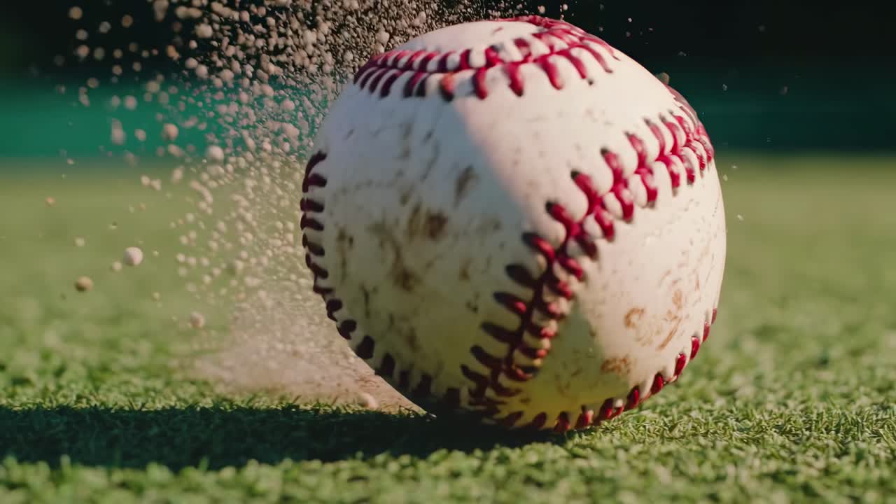 Primo piano, angolazione dal basso di una palla da baseball che rotola sull'erba, catturando il movimento e la polvere