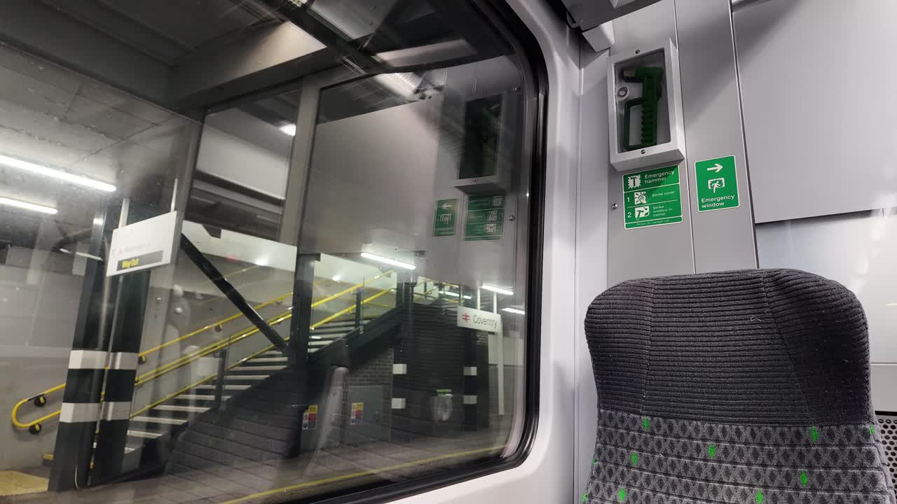 Coventry United Kingdom train station view from window, empty passenger