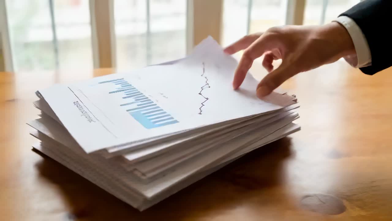 Pointing at red chart, hand in suit flipping pages on wooden desk near window, reviewing reports