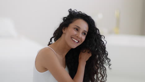 happy woman with curly hair