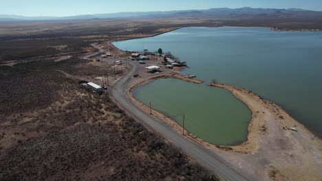 Aerial-View-of-Balmorhea-Lake,-Irrigation-Water-Reservoir-and-Recreational-Area-in-Texas-USA,-Drone-Shot