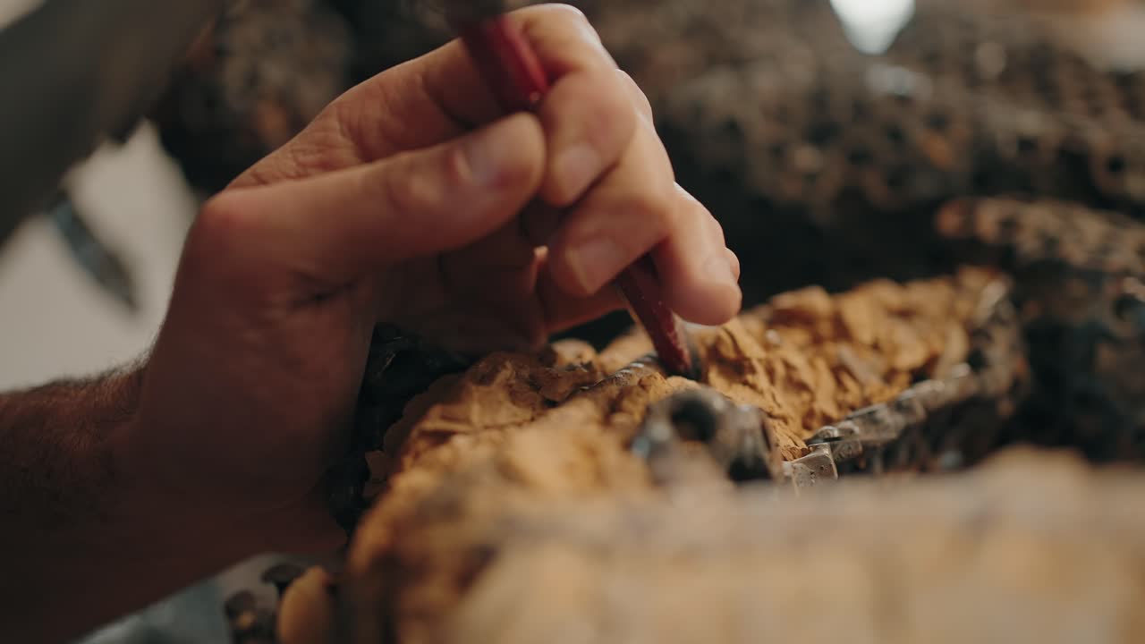 close up of artisan shaping clay with tool during detailed hand sculpture work