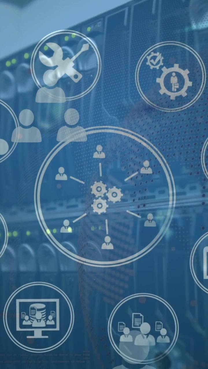 Animation of multiple digital icons and profile icons floating against close up of a computer server