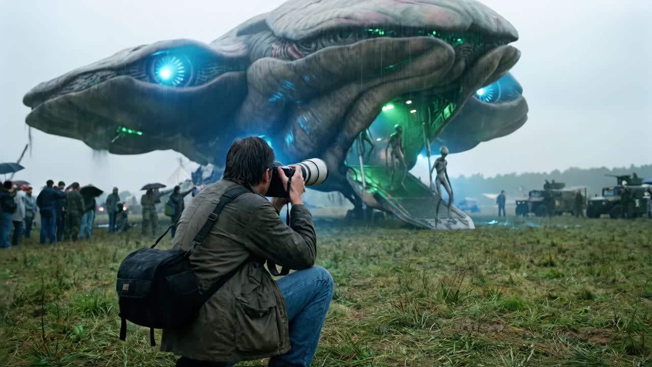 Photographer Captures Aliens Emerging from a Spaceship in a Grassy Field