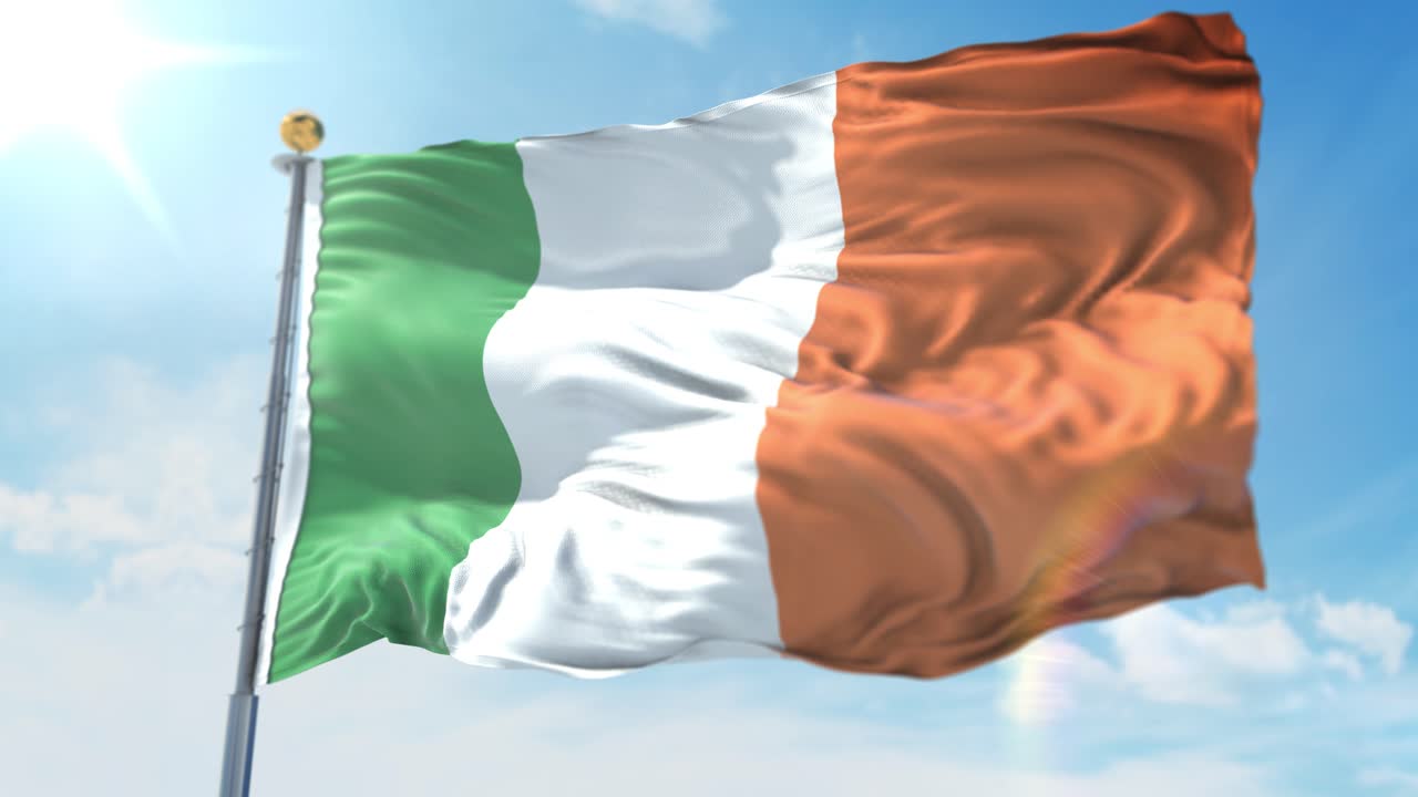 4k ilustración 3d de la bandera ondeante en un poste del país irlanda
