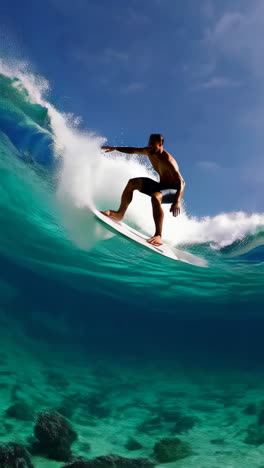 dynamic surfer riding a large turquoise wave