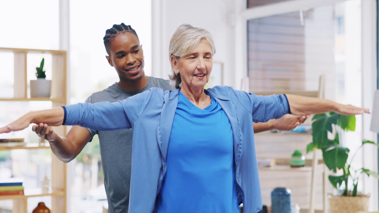 Elderly woman, nurse and rehabilitation