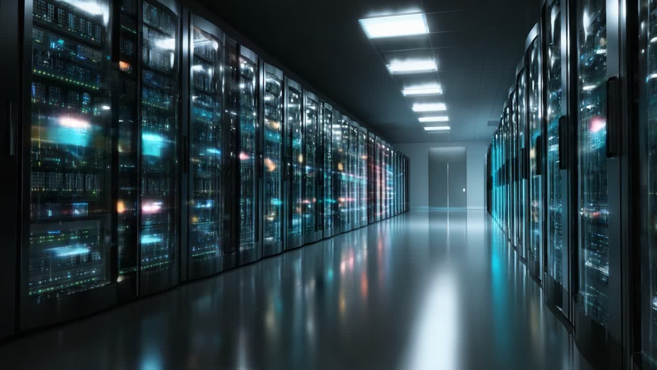 En moderne datacenterkorridor oplyst af farverige serverlys, der fremviser højteknologisk udstyr og reflekterende overflader i et moderne miljø.