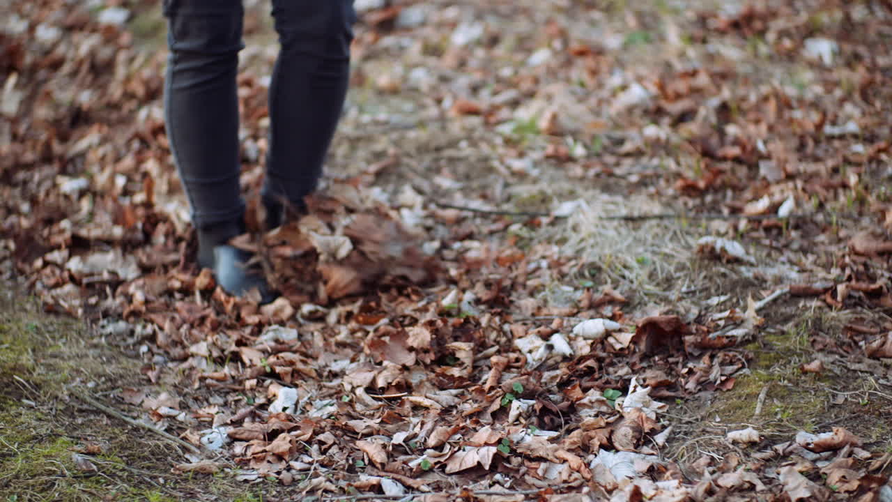 Woman Walking On Golden Leaves In Autumn 1