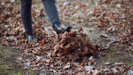 woman walking on golden leaves in autumn 1