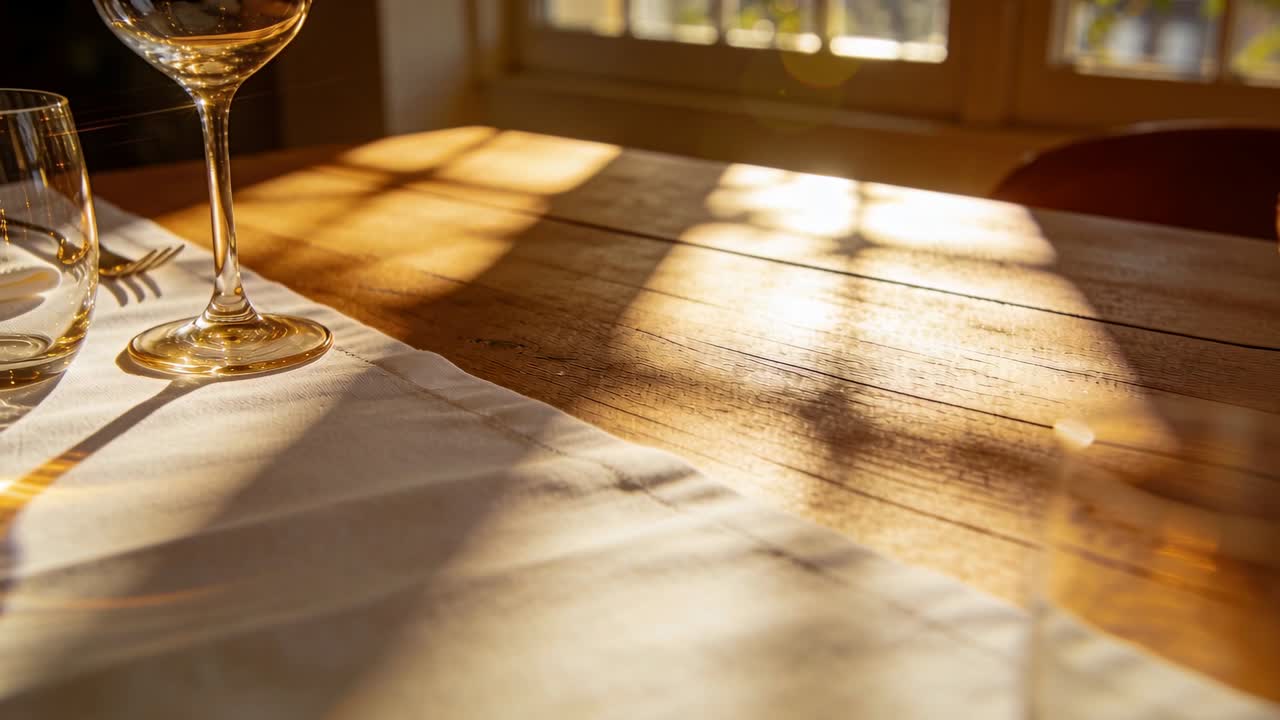 Luce solare mutevole che si sposta su un tavolo di legno vicino alla finestra, illuminando un bicchiere di vino e un panno.